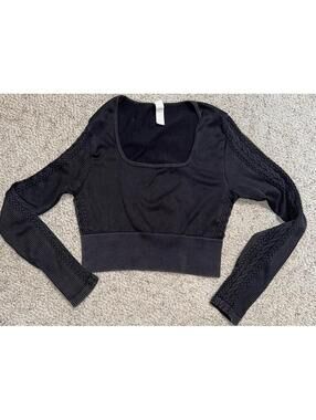 Offline Aerie L Black Seamless Ribbed Long Sleeve Cropped top rock bodycon goth